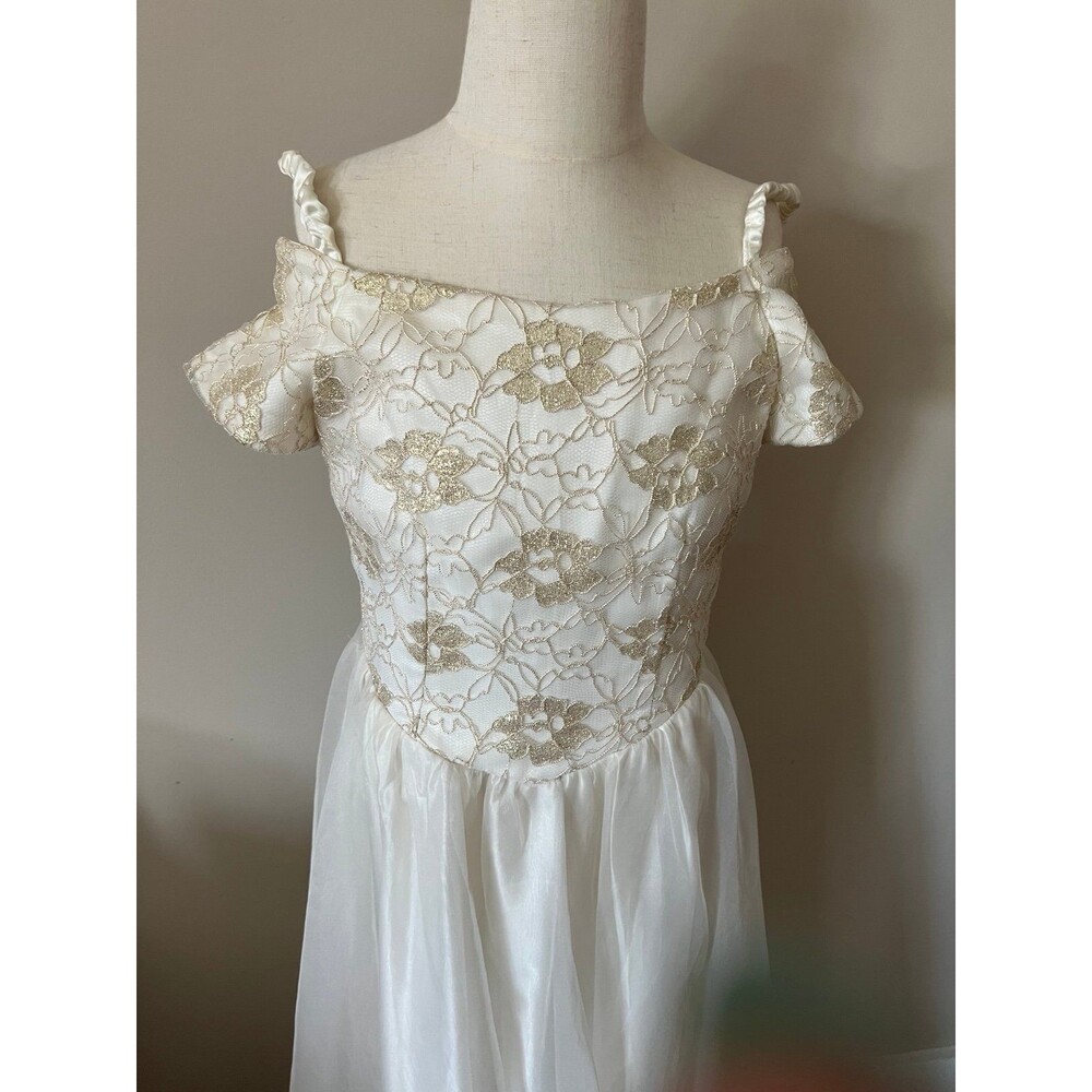 1950s Vintage Handmade Gold & Cream Girls Bridal Flower Girl Gown Dress sz 4-8 - Picture 5 of 6